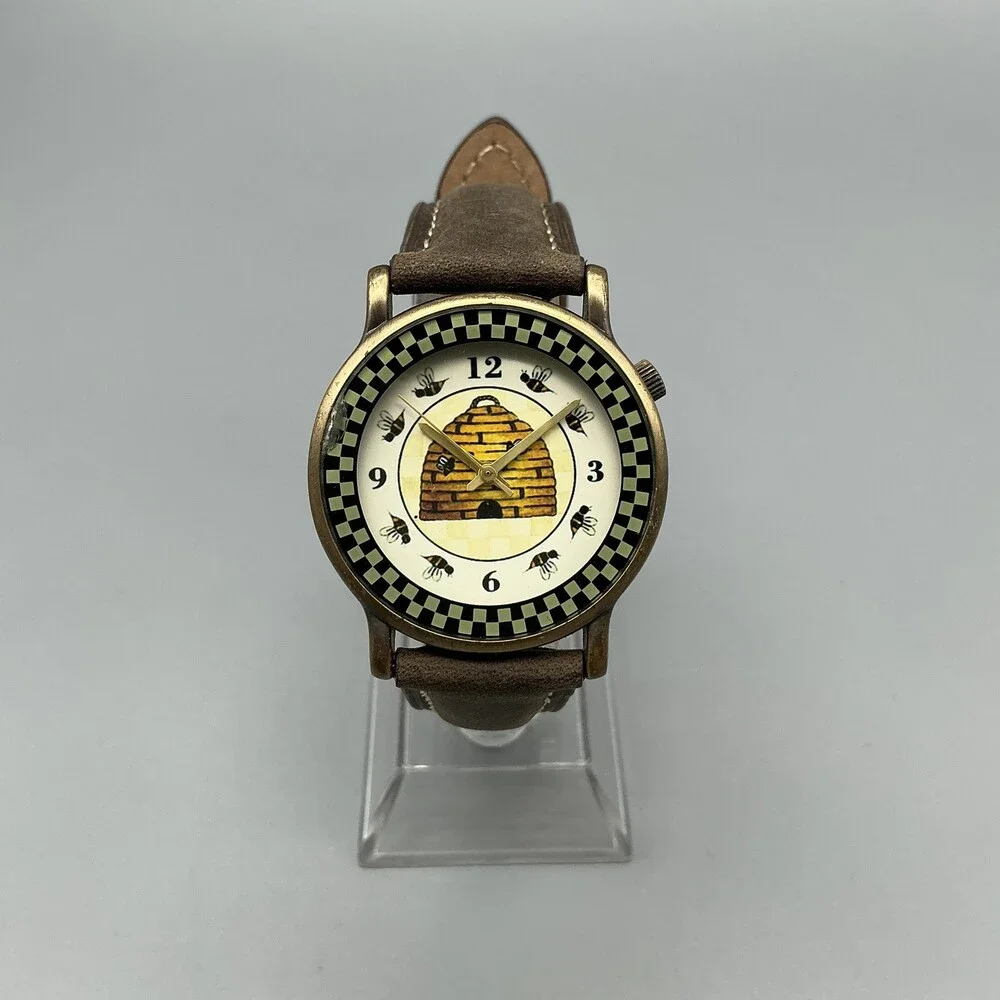 Womens Watch 33mm Beehive Bees Dial Gold Tone Brown Leather New Battery